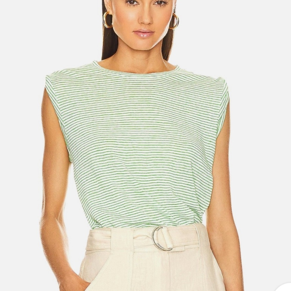 Frame Organic Linen Rolled Short Sleeve Striped Muscle Coastal Tee Medium
